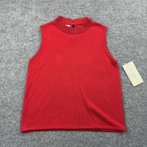 Designers Originals Petite Small Red Beaded Neck Sleeveless Sweater NWT